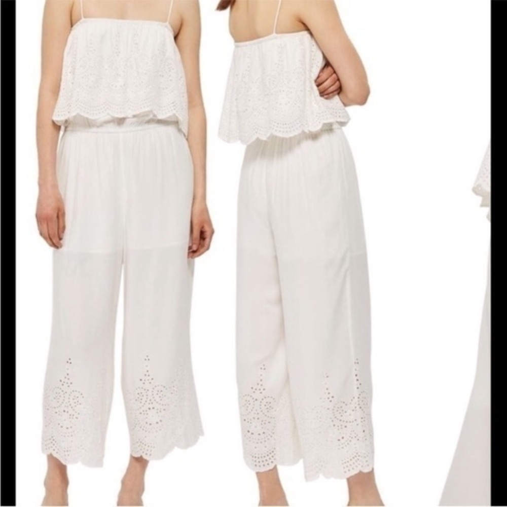 Topshop Boho Cottagecore White Eyelet Scalloped Jumpsuit Straight Leg Size 6